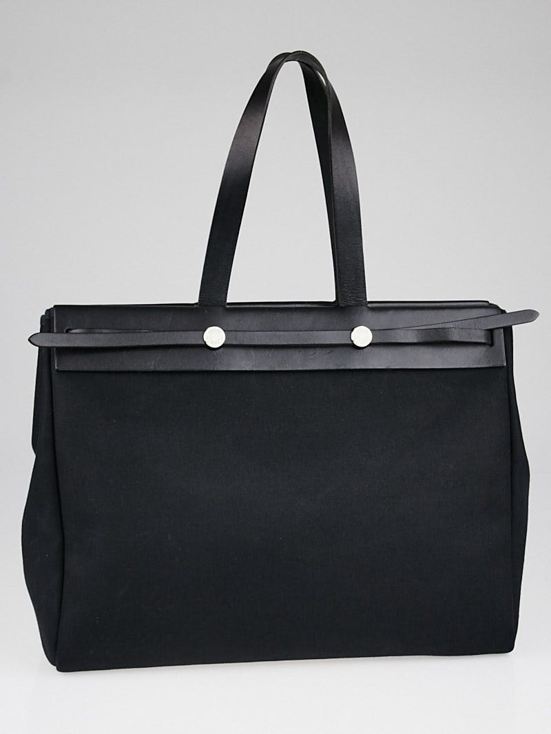 Hermes 40cm Black Canvas and Vache Calfskin Leather Herbag Cabas MM 2-in-1 Tote Bag