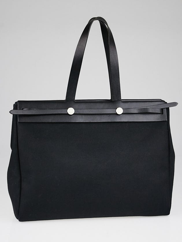 Hermes 40cm Black Canvas and Vache Calfskin Leather Herbag Cabas MM 2-in-1 Tote Bag
