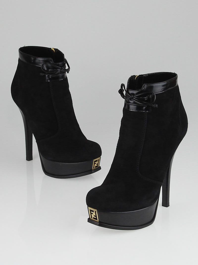 Fendi Black Patent Leather and Suede Platform Ankle Boots Size 9