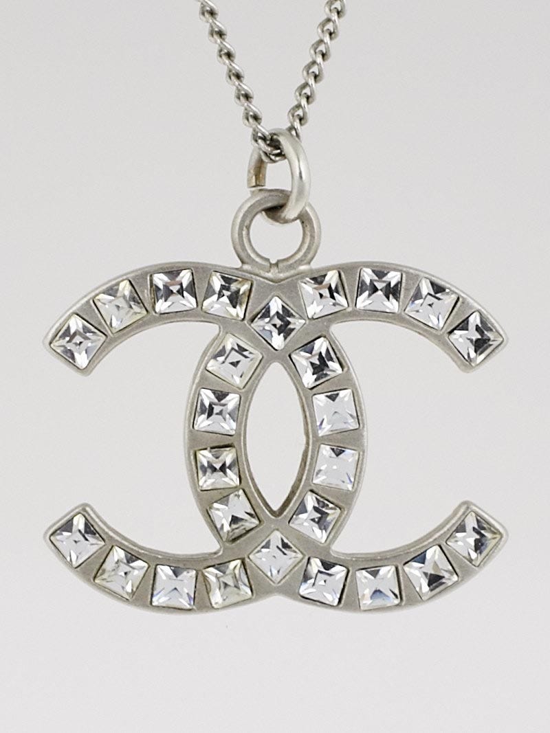 Chanel Silvertone Square Crystal CC Logo Pendant Necklace