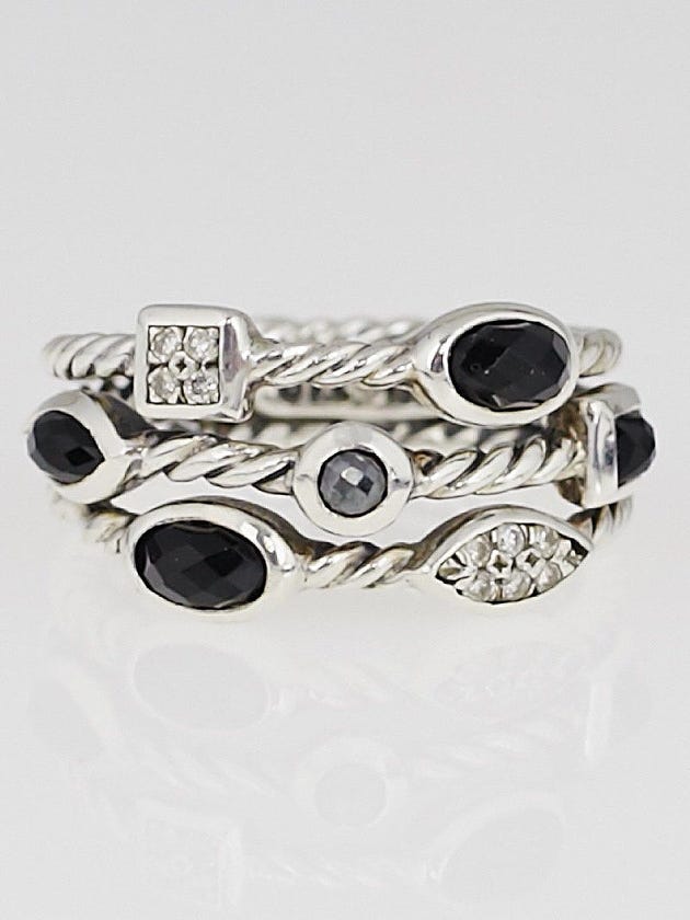 David Yurman Diamond Black Onyx and Hematite Three-Row Confetti Ring Size 6