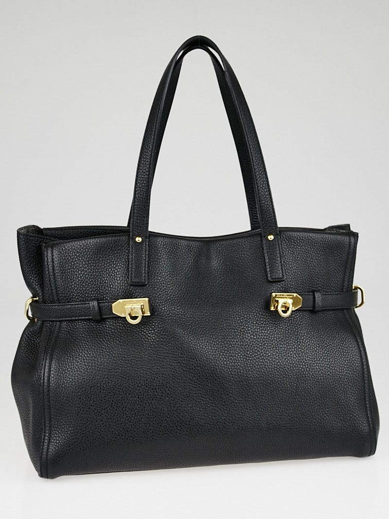 Salvatore Ferragamo Black Pebbled Leather East West Gancini Tote Bag Yoogi s Closet