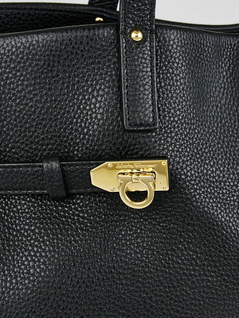 Salvatore Ferragamo Black Pebbled Leather East/West Gancini