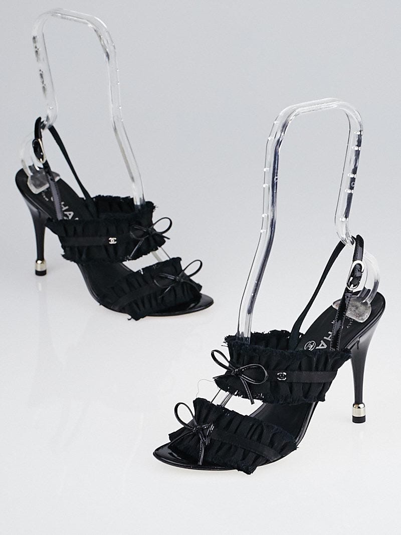 Chanel Black Grosgrain Fabric and Patent Leather Slingback Sandals