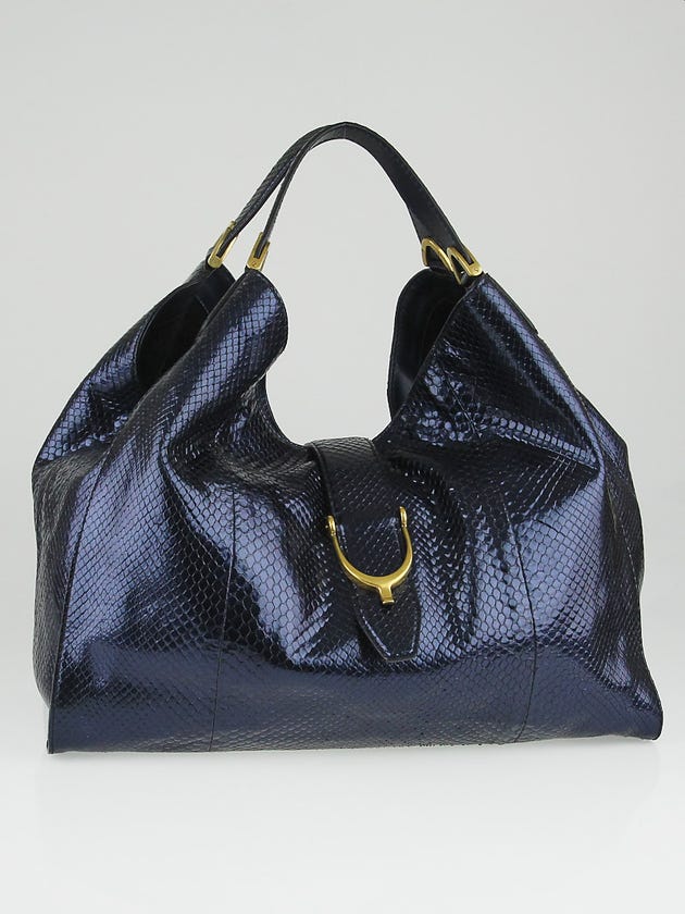Gucci Navy Blue Shiny Python Large Stirrup Bag