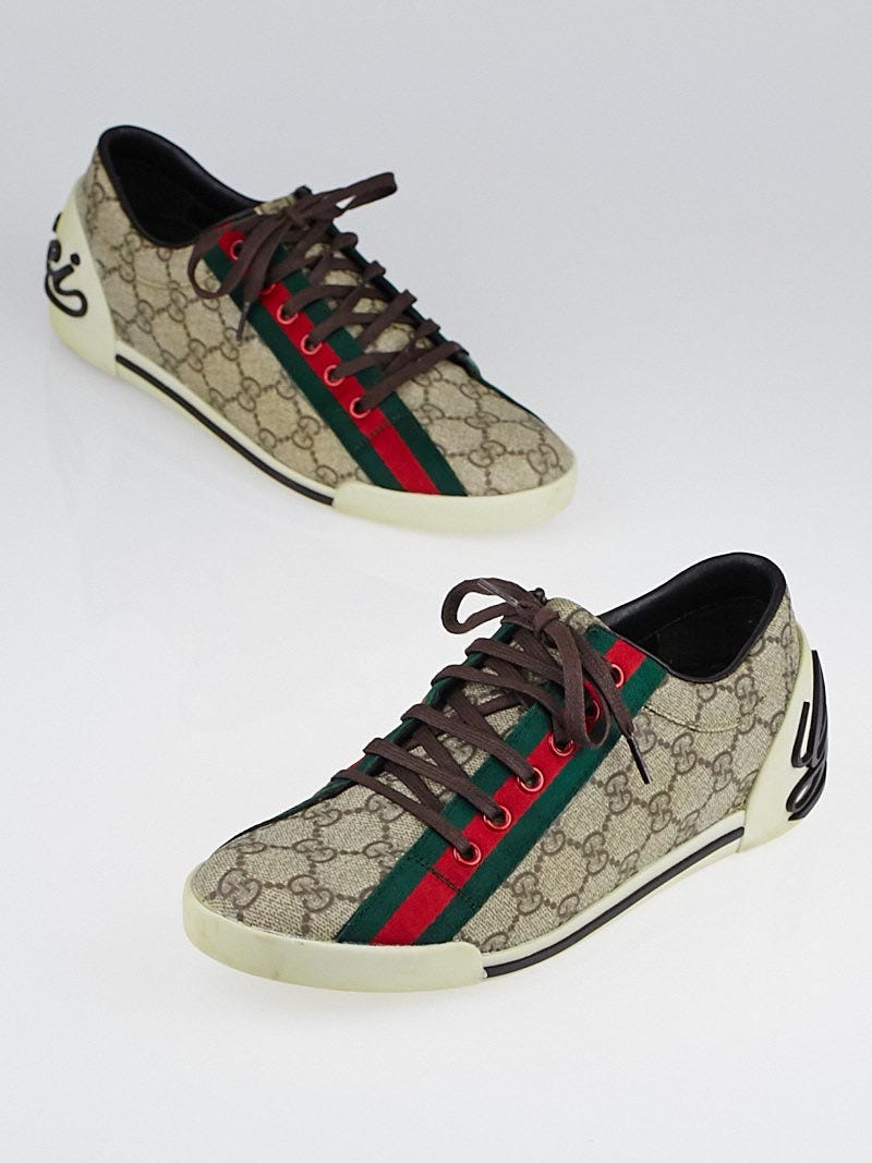 Gucci Beige GG Coated Canvas Classic Web and Script Sneakers Size 8 38.5 Yoogi s Closet