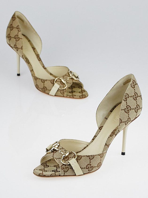 Gucci Beige/White GG Canvas Hollywood Horsebit D'Orsay Peep Toe Heels Size 7.5/38