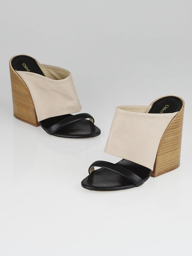 Chloe Beige/Black Leather Double-Band Wedge Sandals Size 6.5/37