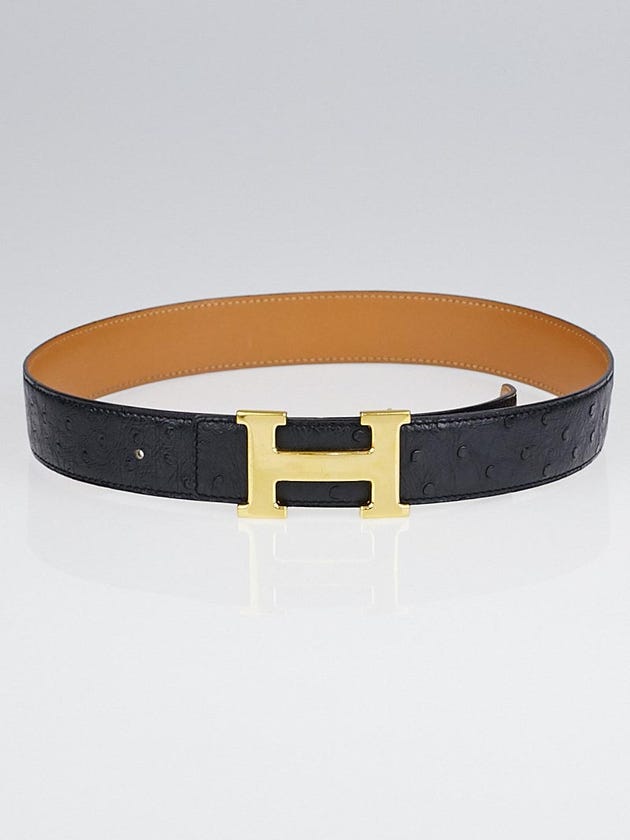 Hermes 32mm Black Ostrich / Natural Chamonix Leather Gold Plated Constance H Belt Size 70