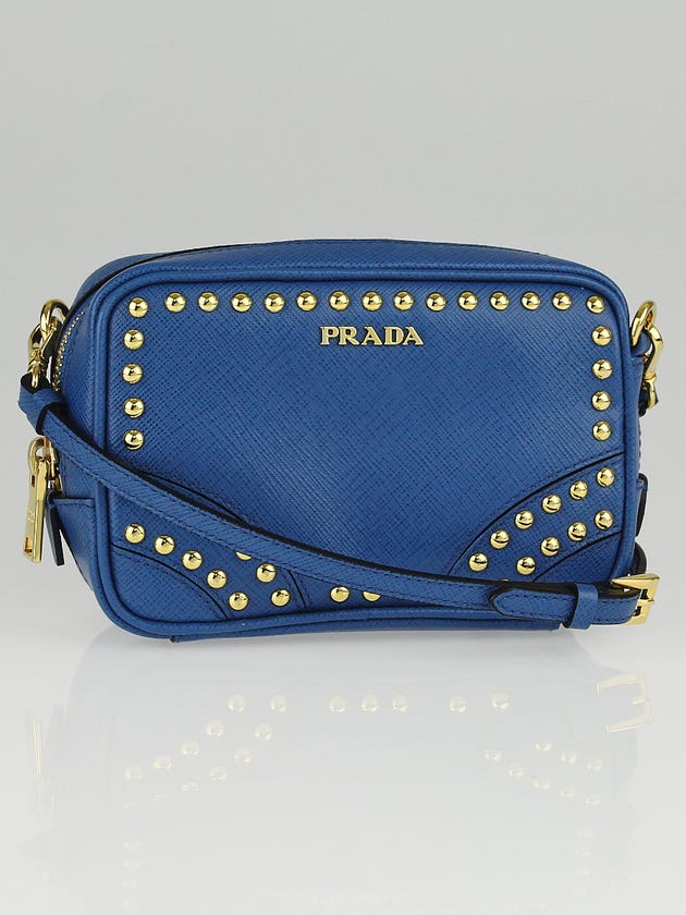 Prada Cobalto Saffiano Metal Leather Studded Crossbody Pochette Bag 1N1674