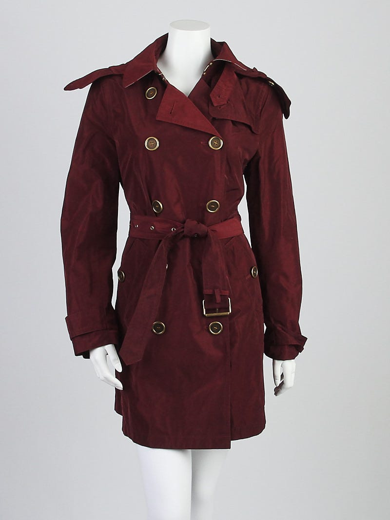 Burberry Brit Plum Polyester Balmoral Hooded Trench Coat Size 10