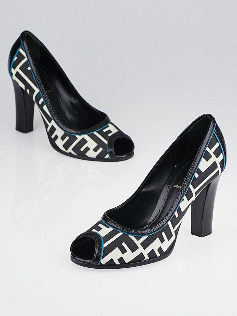 Fendi Black White Zucca Print Canvas Peep Toe Pumps Size 6 36.5