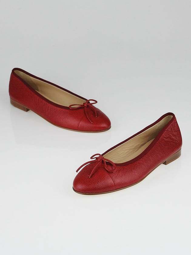 Chanel Red Caviar Leather CC Cap Toe Ballet Flats Size 8.5/39