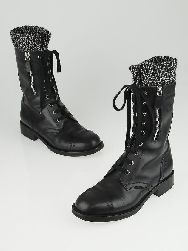 Chanel Black Leather Knit Combat Boots Size 7/37.5
