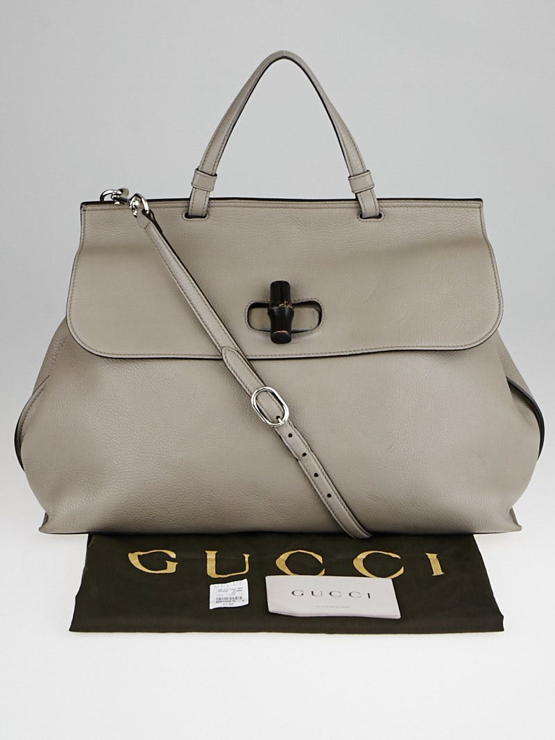 Gucci Grey Pebbled Leather Large Bamboo Daily Top Handle Bag w Shoulder Strap Yoogi s Closet
