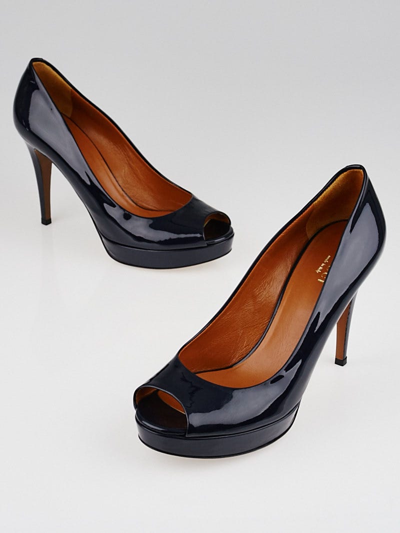 Gucci Navy Blue Patent Leather Betty Peep Toe Platform Pumps Size