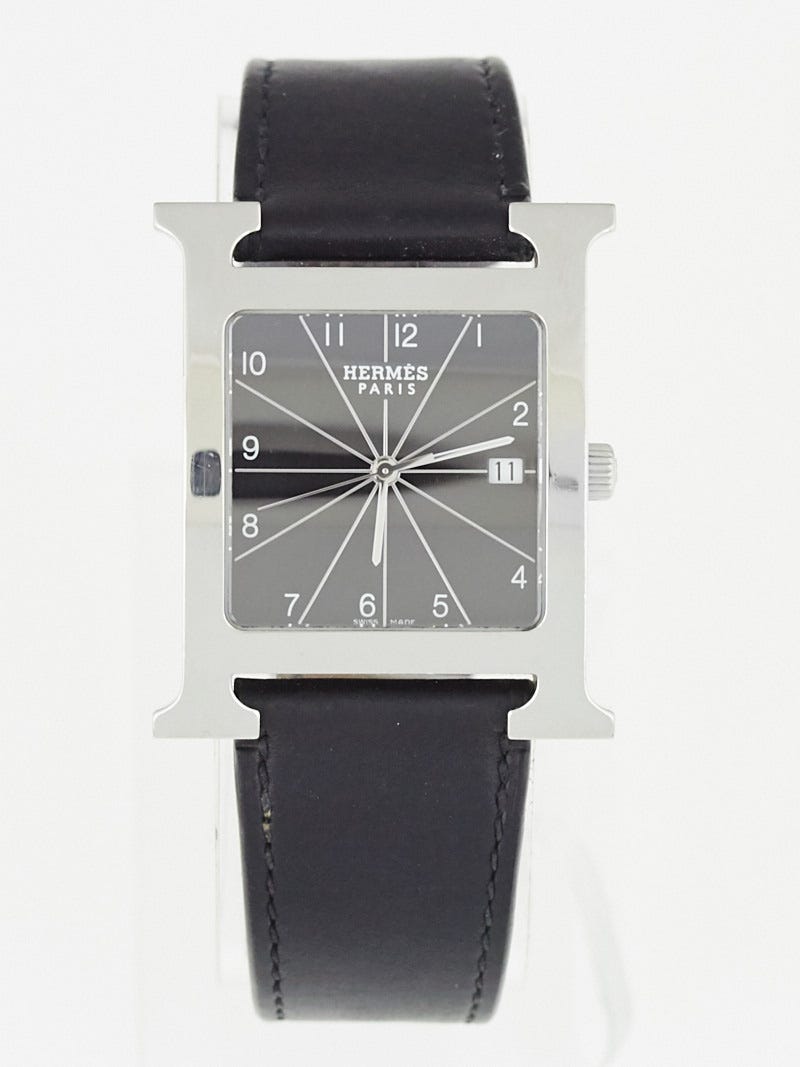 Hermes Black Barenia Leather and Stainless Steel Heure H TGM