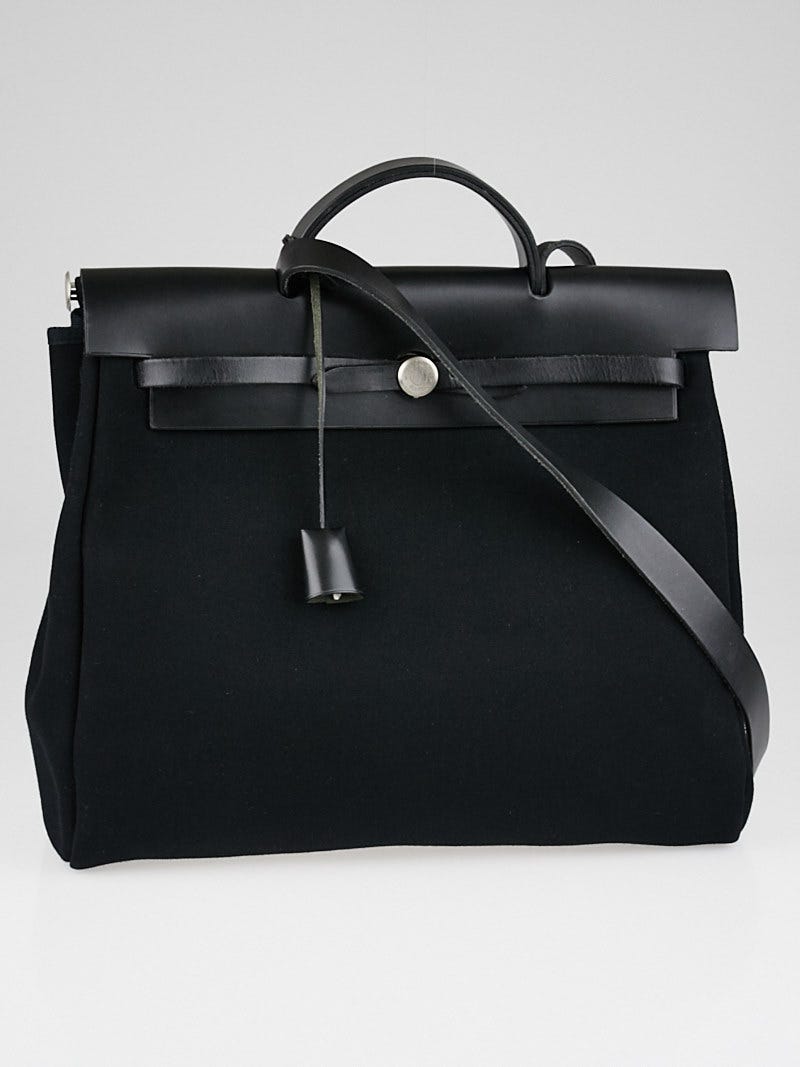 Hermes 35cm Black Canvas and Leather Herbag MM 2 in 1 Bag