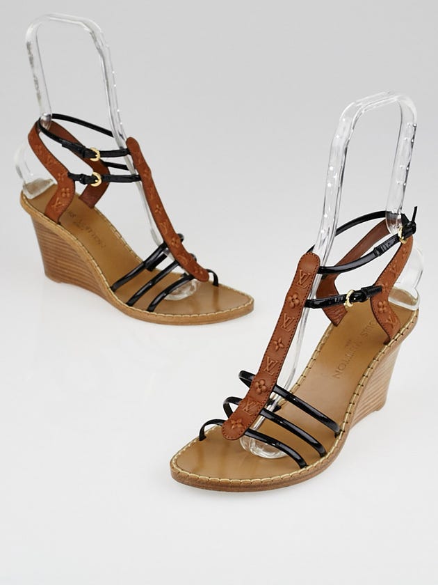 Louis Vuitton Brown Embossed Leather Key West Ankle Strap Wedge Sandals Size 8/38.5