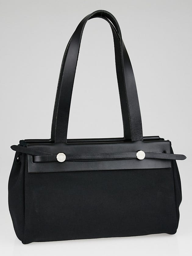 Hermes 32cm Black Canvas and Vache Calfskin Leather Herbag Cabas PM 2-in-1 Tote Bag