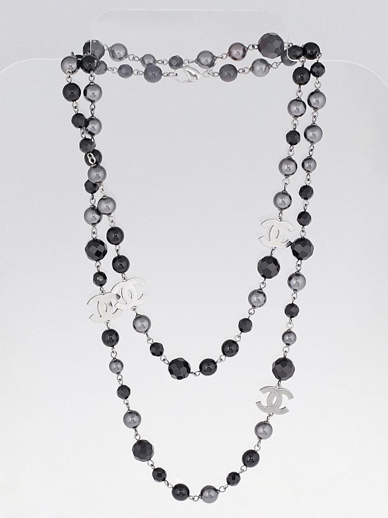 Chanel Black and Silver Beaded CC Long Necklace - Yoogi's Closet