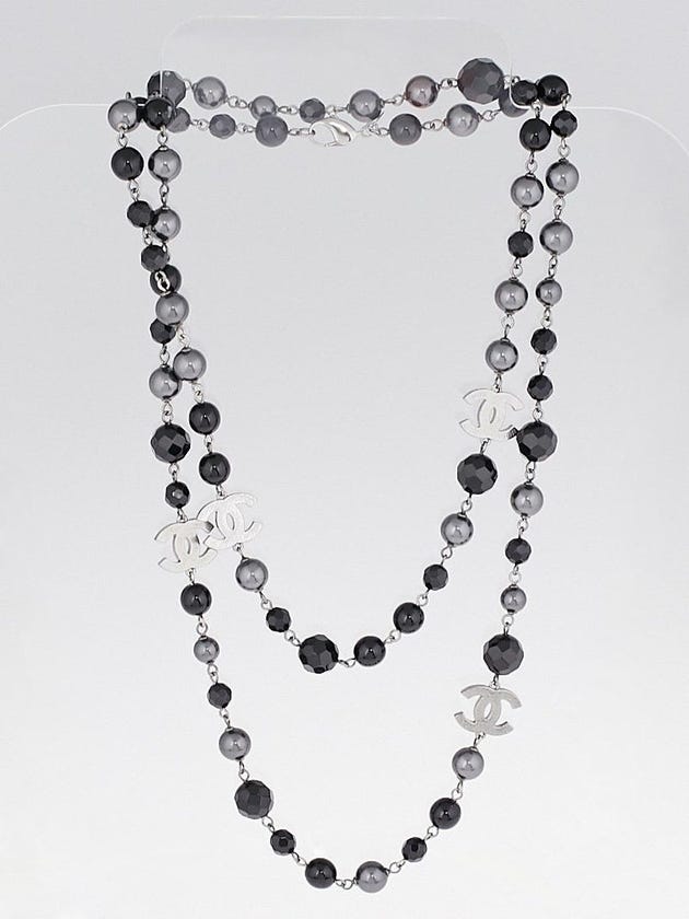 Chanel Black and Silver Beaded CC Long Necklace