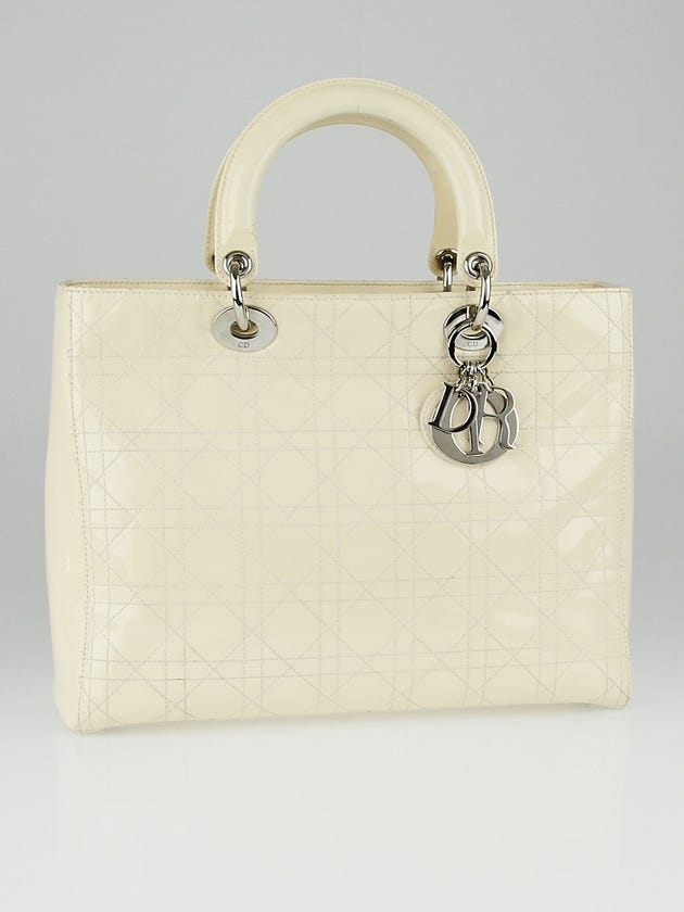 Christian Dior Ivory Cannage Quilted Patent Leather Large Lady Dior Tote Bag