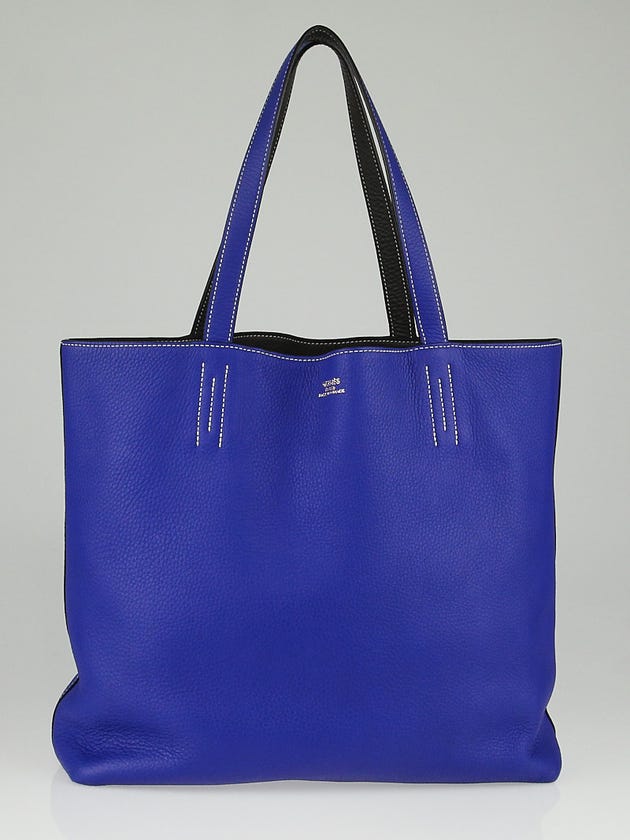 Hermes 45cm Electric Blue/Graphite Clemence Leather Large Double Sens Reversible Tote Bag