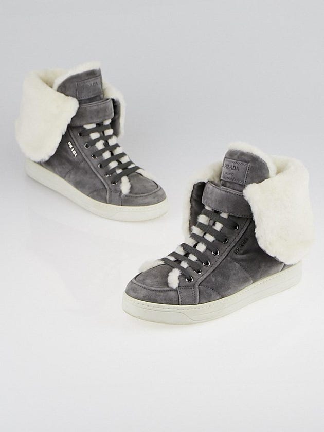 Prada Grey Suede and Faux Shearling High-Top Sneakers Size 7/37.5