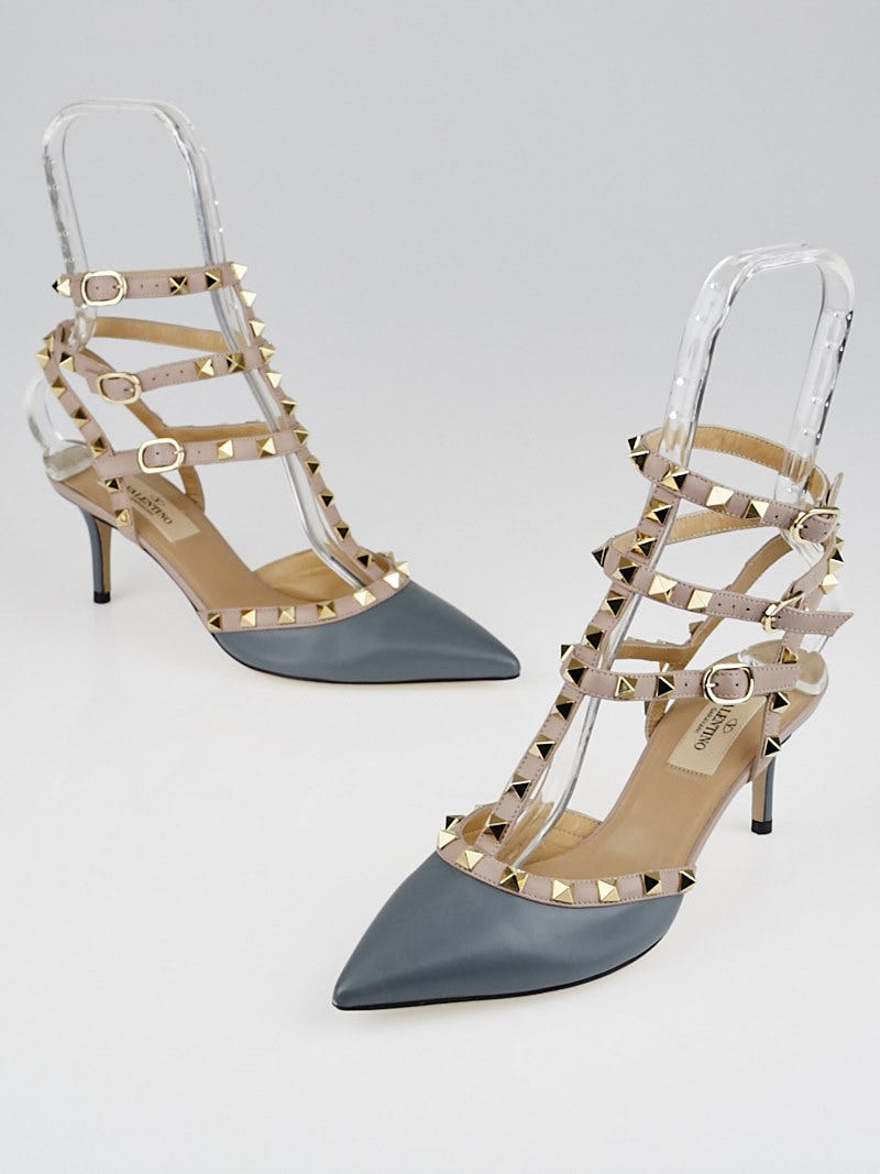Valentino Grey Leather Rockstud T Strap Kitten Heels Size 6.5 37