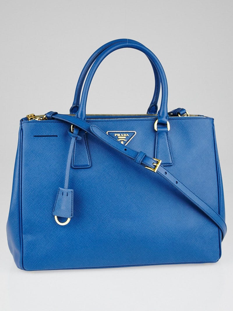 Prada Cobalto Saffiano Lux Leather Double Zip Medium Tote Bag