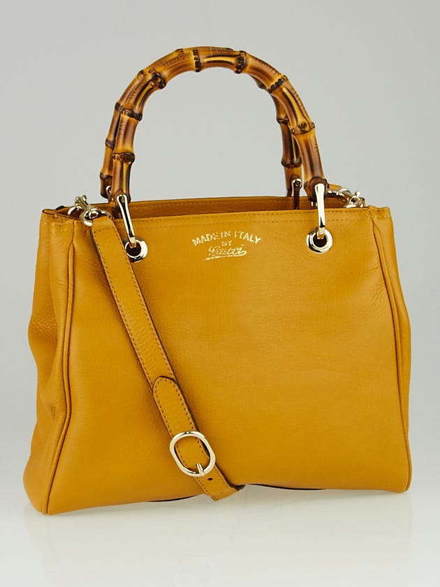 Gucci Yellow Pebbled Leather Bamboo Top Handle Small Shopper Tote Bag
