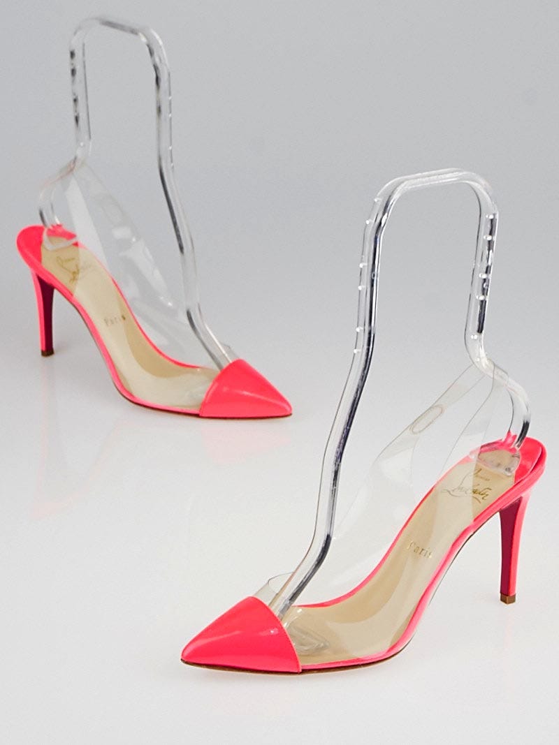 Christian Louboutin Neon Pink Patent Leather and PVC Un Bout Sling 85 Pumps Size Yoogi s Closet