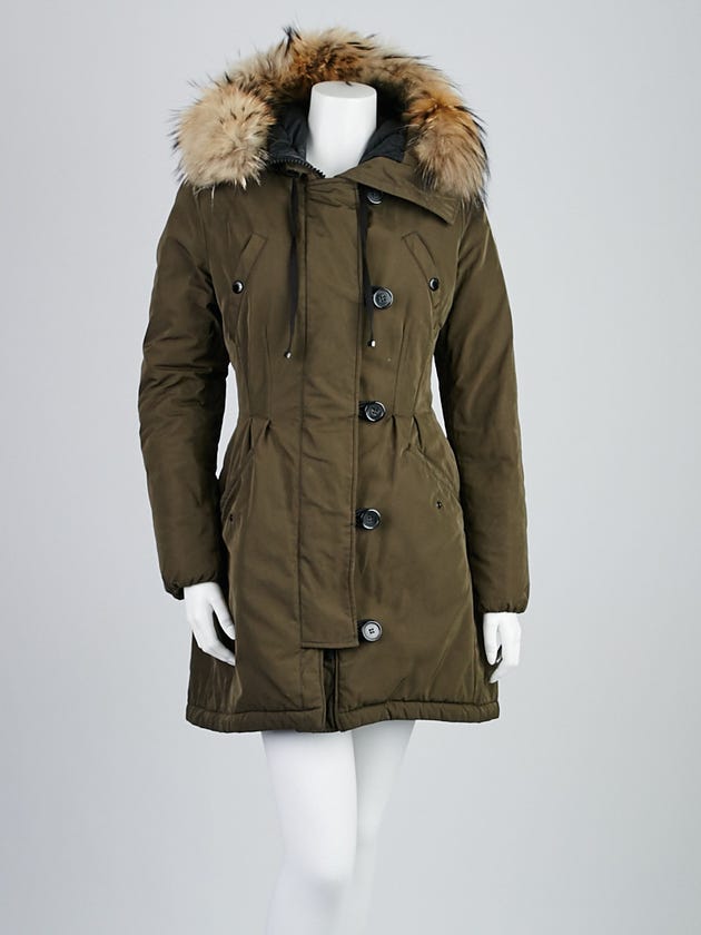 Moncler Dark Green Polyester Blend and Raccoon Fur Trim Arriette Parka Jacket Size 3/L