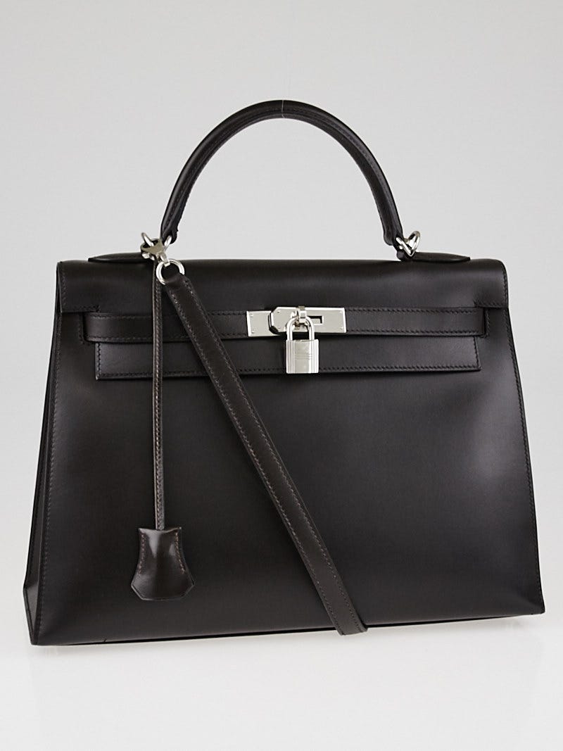 Hermes 32cm Ebene Box Leather Palladium Plated Kelly Sellier Bag