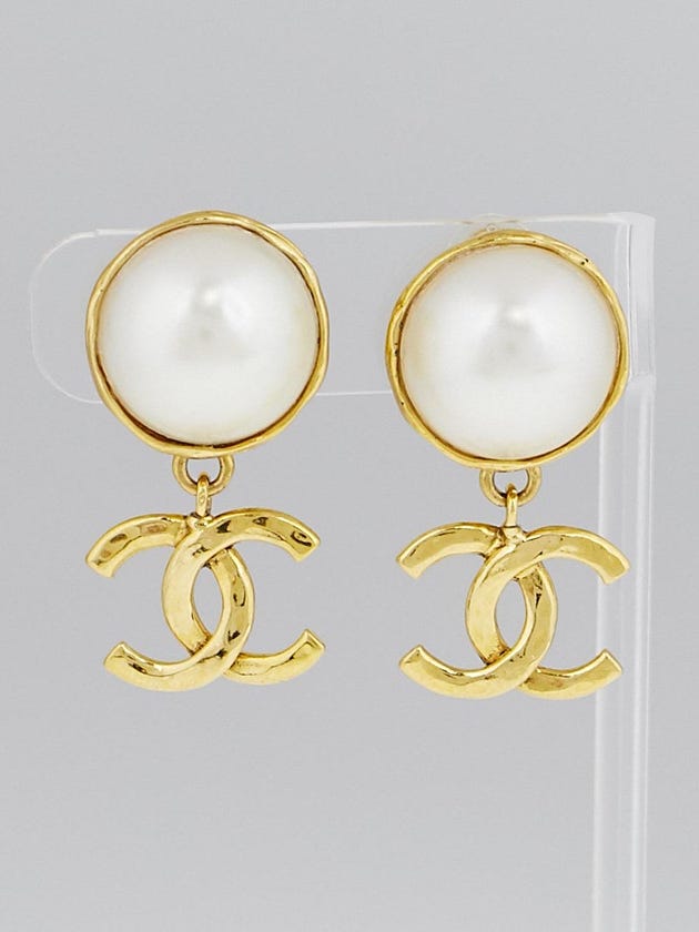 Chanel Faux Pearl and Goldtone CC Clip-On Drop Earrings
