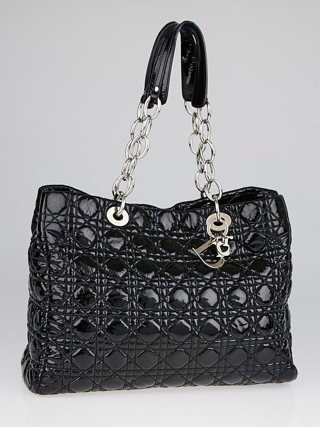 Christian Dior Black Cannage Quilted Patent Leather Soft Shopping Tote Bag