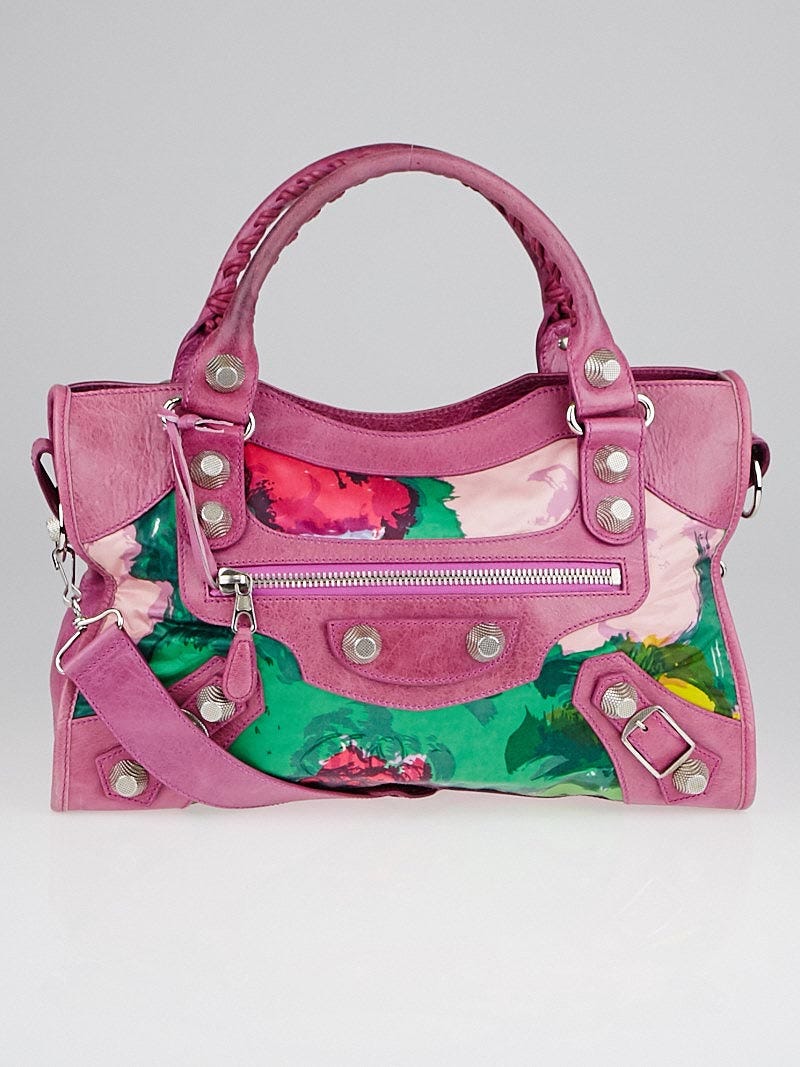 Balenciaga Magenta Chevre Leather/Floral Satin City Giant Hardware Bag