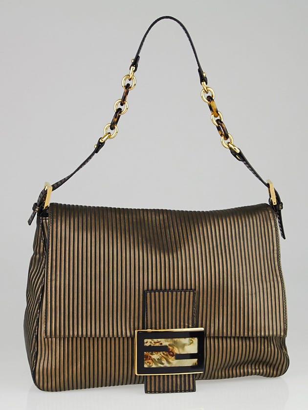 Fendi Black/Gold Striped Suede Mama Forever Large Flap Shoulder Bag 8BR638