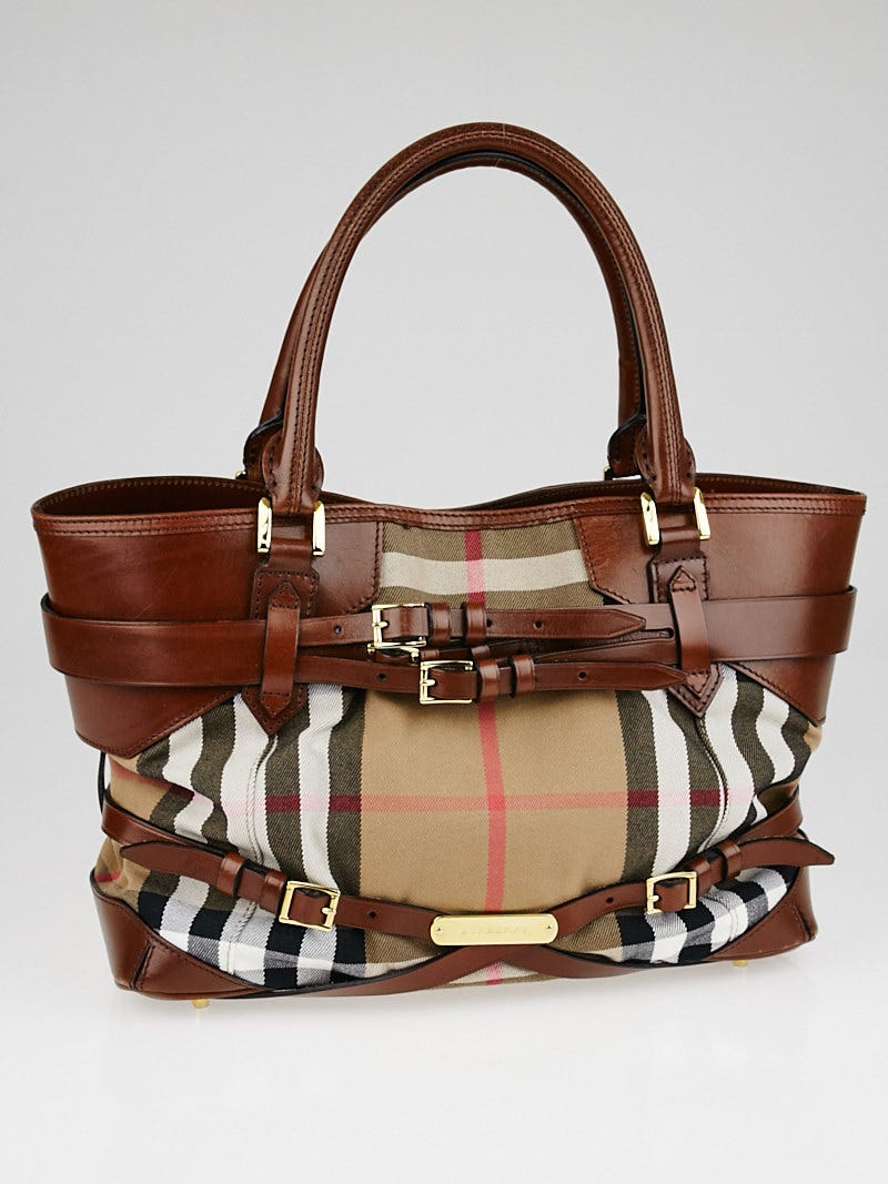 Burberry Brown/Beige Leather And Bridle House Check Canvas Lynher Medium  Tote at 1stDibs