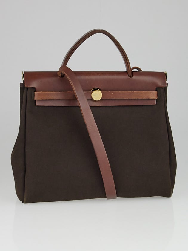 Hermes 30cm Brown Canvas and Ebene Vache Calfskin Leather 2-in-1 Herbag PM Bag