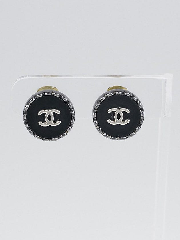 Chanel Silvertone and Black CC Small Disc Clip-On Earrings