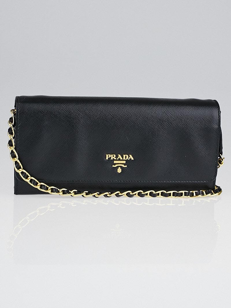 Prada Black Saffiano Metal Leather Wallet on Chain Clutch Bag 1M1290