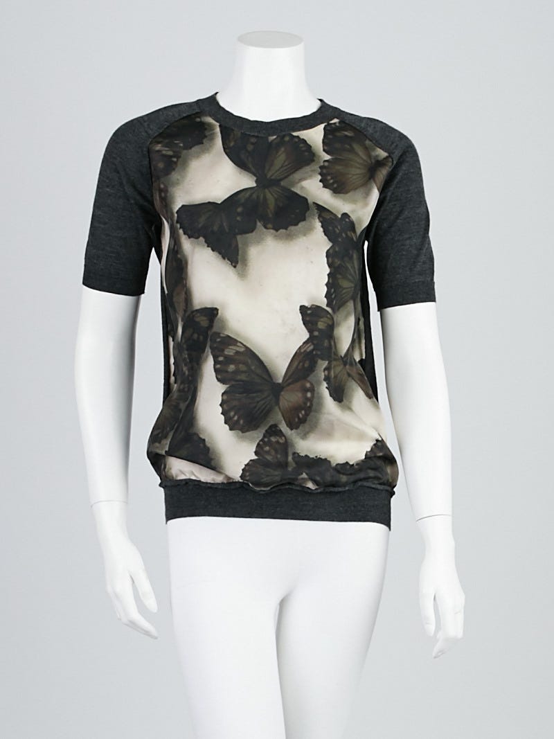 Lanvin Grey Wool/Silk Butterfly Short Sleeve Top Size M