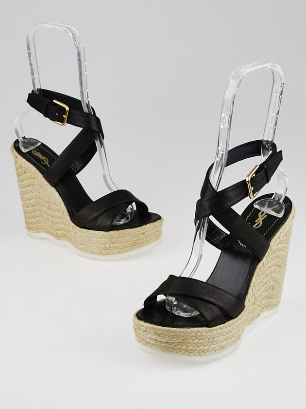 Yves Saint Laurent Black Leather Espadrille Saint Malo 90 Wedges Size 7/37.5