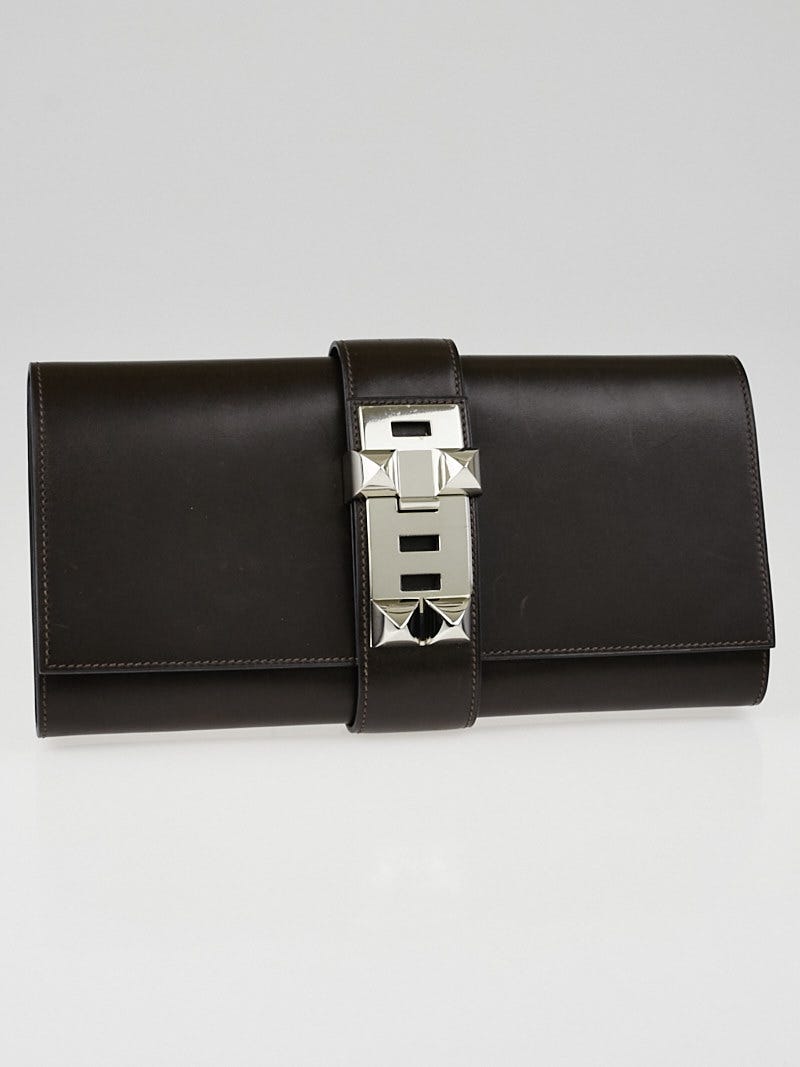 Hermes 29cm Chocolate Box Leather Palladium Medor Clutch Bag