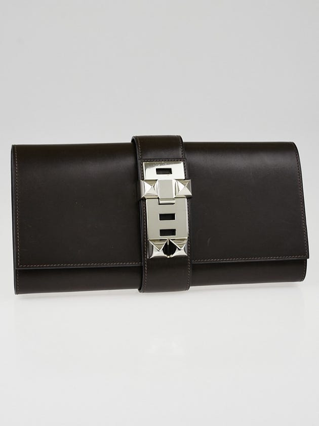 Hermes 29cm Chocolate Box Leather Palladium Medor Clutch Bag
