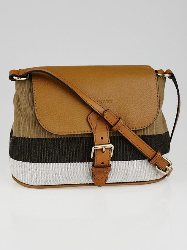Burberry Saddle Brown Leather House Check Canvas Small Gowan Crossbody Bag