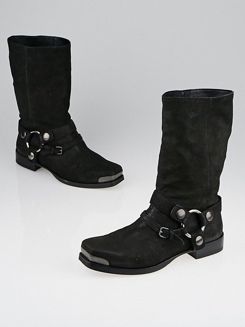 おトク情報がいっぱい！ Miu Miu Black Distressed Leather Harness Moto Boots Size 6.5 靴