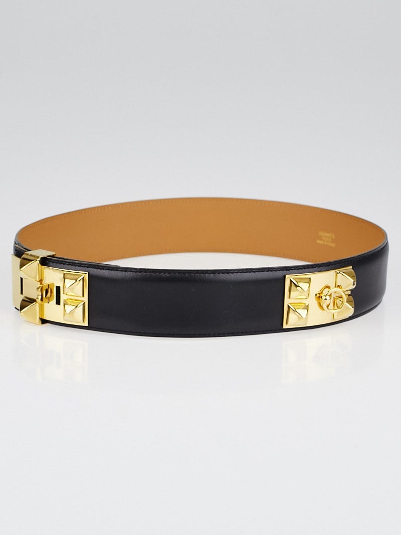 Hermes Black Box Leather Gold Plated Collier de Chien Belt Size 70